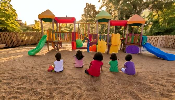 Güvenli ve temiz oyun parkı kumu ile çocukların oynadığı oyun alanı.